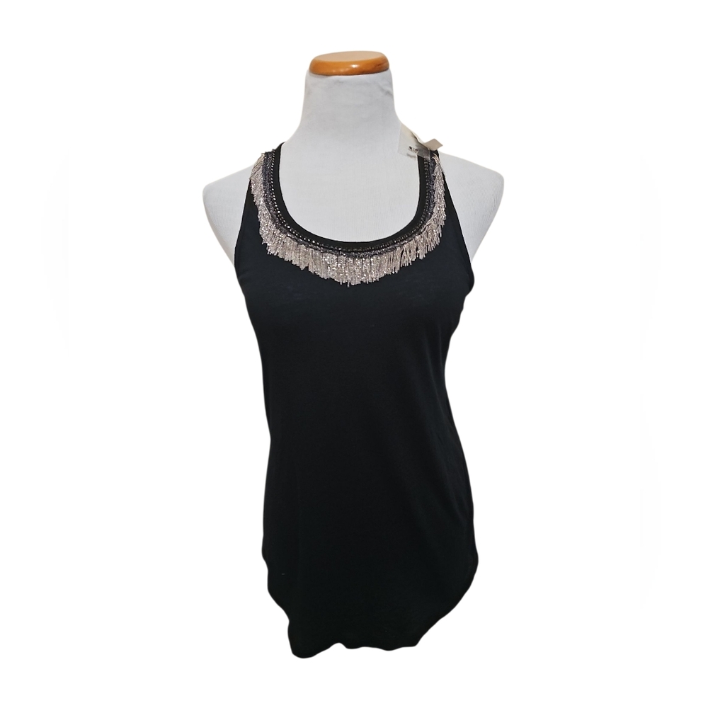 Madewell Black Racerback With Silver Fringe Beads At Neckline Sz S NWT